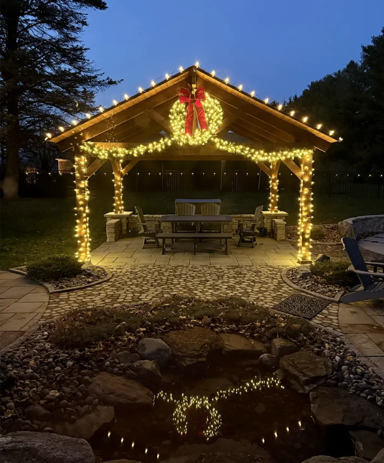 photo of a custom-built cabana decorated for the holidays